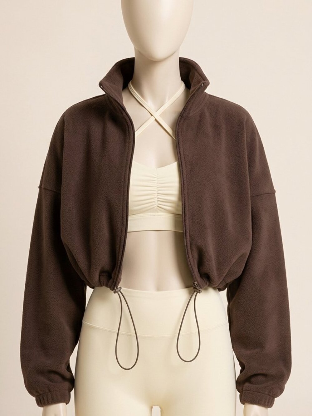 QINSEN Women's Brown Fleece Short Jacket Full Zip Stand Collar Loose Fit S